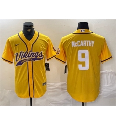 Men's Minnesota Vikings #9 J.J. McCarthy Yellow Cool Base Stitched Baseball Jersey
