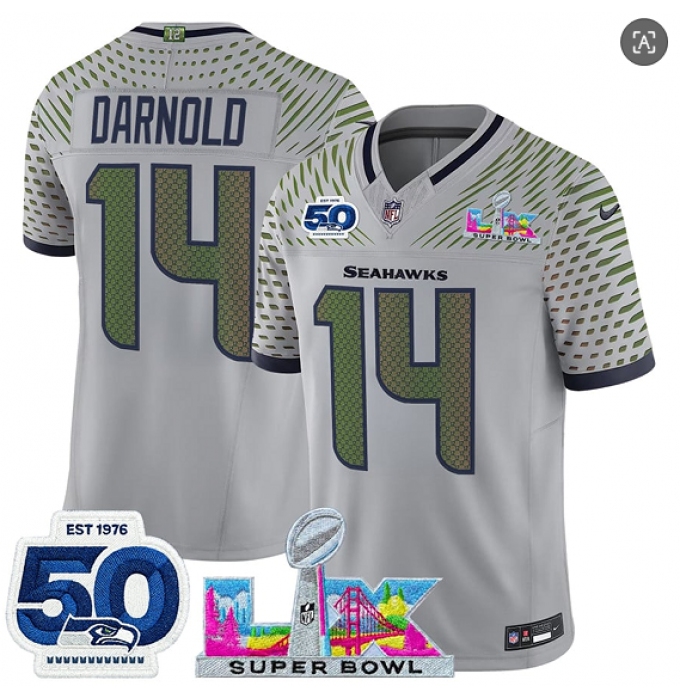 Men's Seattle Seahawks #14 Sam Darnold Gray 2025 F.U.S.E. Super Bowl LX And 50th Season “Rivalries” Vapor Limited Football Stitched Jersey