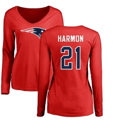 NFL Women's Nike New England Patriots #21 Duron Harmon Red Name & Number Logo Slim Fit Long Sleeve T-Shirt
