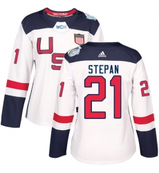 Women's Adidas Team USA #21 Derek Stepan Authentic White Home 2016 World Cup Hockey Jersey
