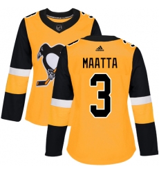 Women's Adidas Pittsburgh Penguins #3 Olli Maatta Authentic Gold Alternate NHL Jersey