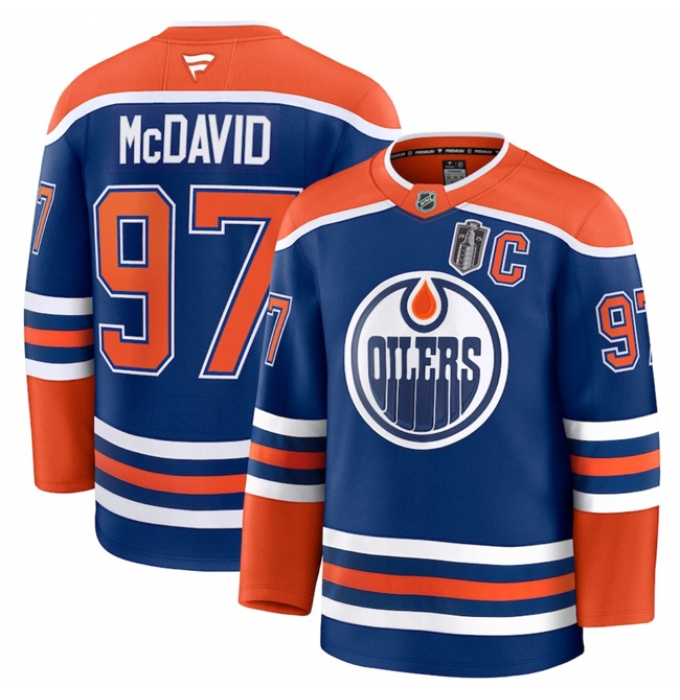 Men's Edmonton Oilers #97 Connor McDavid Royal 2025 Stanley Cup Final And C Stitched Hockey Jersey