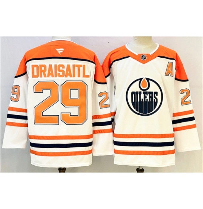 Men's Edmonton Oilers #29 Leon Draisaitl White Orange 2024-25 With A Stitched Jersey