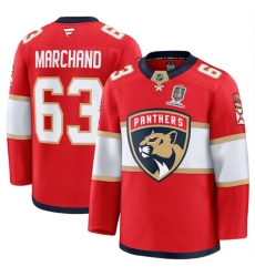 Men's Florida Panthers #63 Brad Marchand Red Home 2025 Stanley Cup Champions Stitched Hockey Jersey