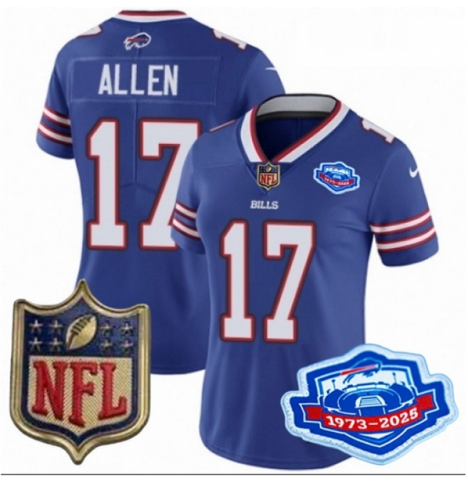 Women Buffalo Bills 17 Josh Allen Blue 2025 F U S E Farewell Season Gold Shield Patch Stitched Football Jersey