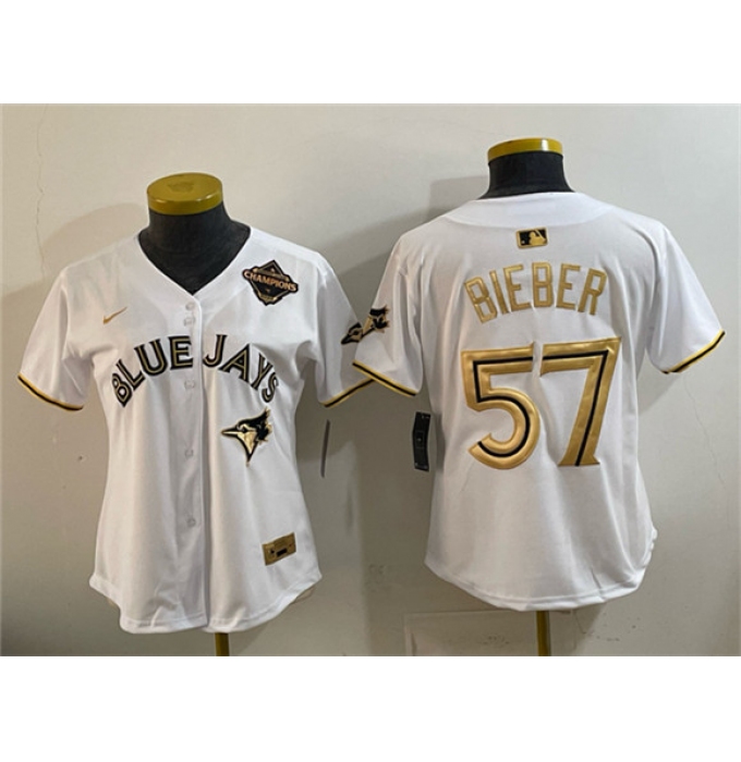 Youth Toronto Blue Jays #57 Shane Bieber White Gold 2025 American League Champions Limited Stitched Jersey