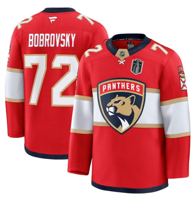 Men's Florida Panthers #72 Sergei Bobrovsky Red 2025 Stanley Cup Final Stitched Hockey Jersey