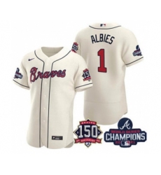 Men's Atlanta Braves #1 Ozzie Albies 2021 Cream World Series Champions With 150th Anniversary Flex Base Stitched Jersey