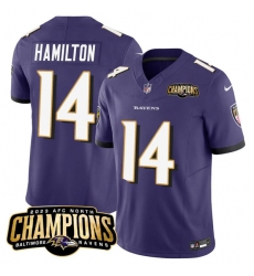 Men's Baltimore Ravens #14 Kyle Hamilton Purple 2023 F.U.S.E. AFC North Champions Vapor Limited Football Stitched Jersey