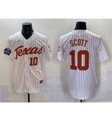 Men's Texas Longhorns #10 Mia Scott White Pinstripe 2025 World Series & SEC Patch Stitched Jersey