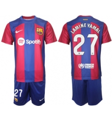 Men's Barcelona #27 Lamine Yamal Blue Red 2023-24 Home Soccer Jersey