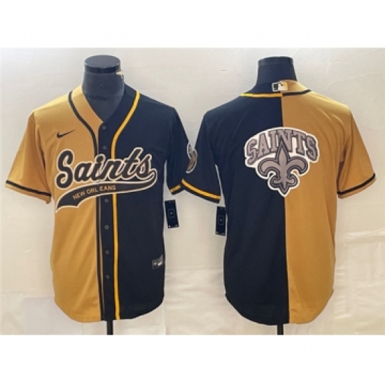 Men's Nike New Orleans Saints Black Gold Split Team Big Logo Cool Base Stitched Baseball Jersey Men's Nike New Orleans Saints Black Gold Split Team Big Logo Cool Base Stitched Baseball Jersey
