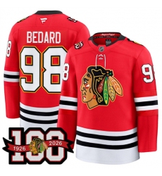 Men's Chicago Blackhawks #98 Connor Bedard Red 2025 Home 100th Anniversary Stitched Hockey Jersey