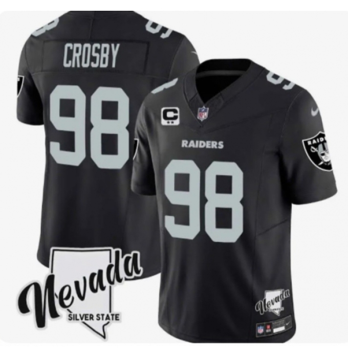 Men's Las Vegas Raiders #98 Maxx Crosby Black 2024 F.U.S.E With Nevada Silver Stat And 3-Star C Stitched Football Jersey