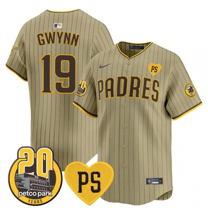 Men's San Diego Padres #19 Tony Gwynn Tan 'For Peter' And Petco Park 20th Limited Stitched Baseball Jersey
