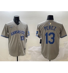 Men's Kansas City Royals #13 Salvador Perez Gray 2024 Away Limited Stitched Baseball Jersey