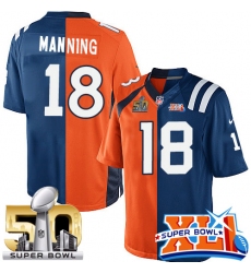 Youth Nike Indianapolis Colts #18 Peyton Manning Elite Royal Blue/Orange Split Fashion Super Bowl XLI & Super Bowl L NFL Jersey